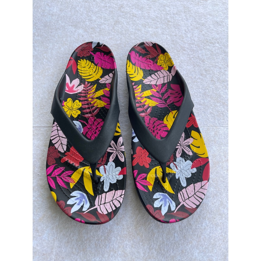 Crocs Kadee II Tropical Floral Flip Flops Black Womens 9 Beach Sandals